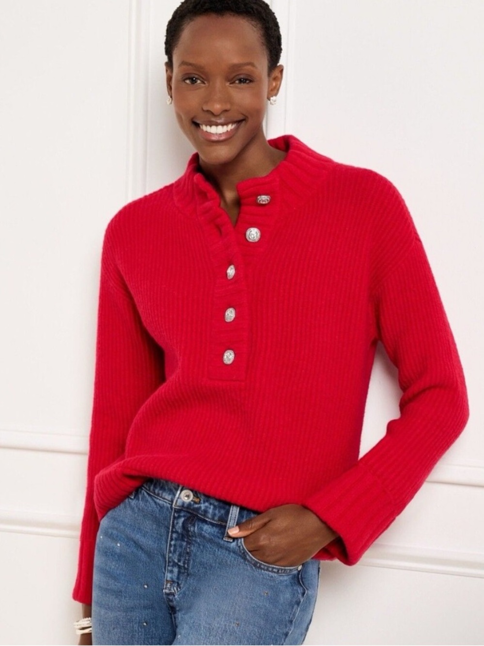 Talbots Chunky Oversized Red Jewel Button Henley Wool Blend Pullover Sweater